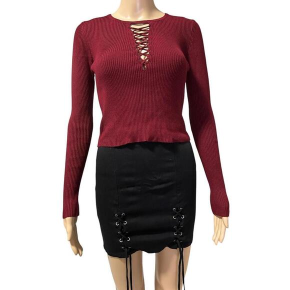 Forever 21 Burgundy Lace-Up Ribbed Sweater - Picture 1 of 5